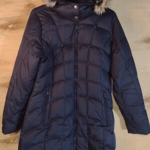Eddie Bauer Women's Navy Puffer Coat with Faux Fur Hood